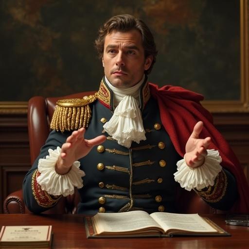 Napoleon depicted as a CEO in modern attire. Sitting in a richly decorated office. Gesturing as if presenting bad news during a shareholder meeting.