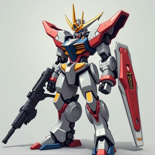 A beautifully designed robot with a unique color scheme. The robot stands confidently, holding a gun, showcasing intricate details and a dynamic pose.