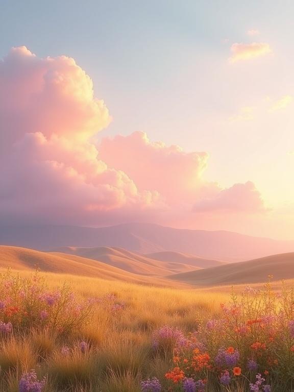 A serene landscape with pastel clouds in warm hues. Amorphous clouds blend softly. Golden grasses and vibrant wildflowers in a tranquil meadow. Rolling hills bathed in a golden glow in the background.