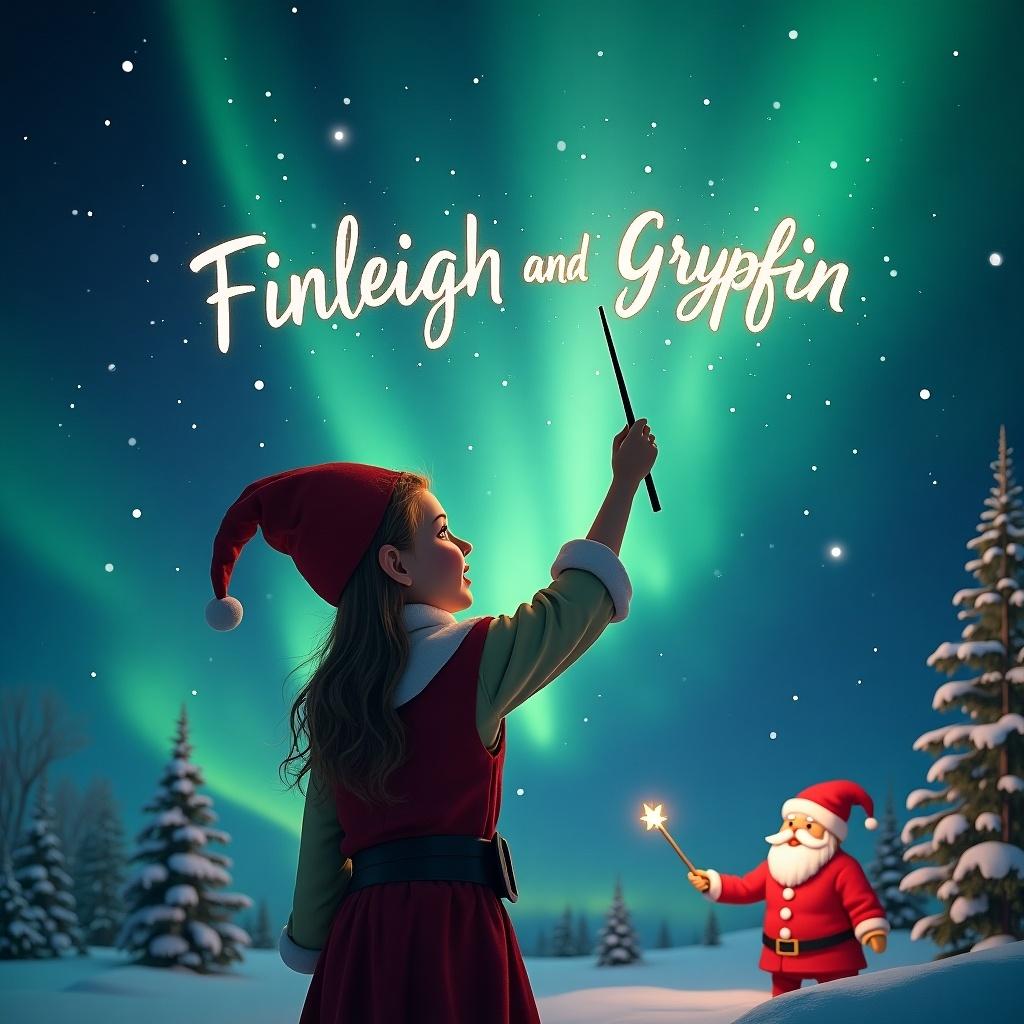 Elf faces magical sky. Wand writes names in the air. Background has northern lights and Santa. Names are 'Finleigh and Gryffin'.