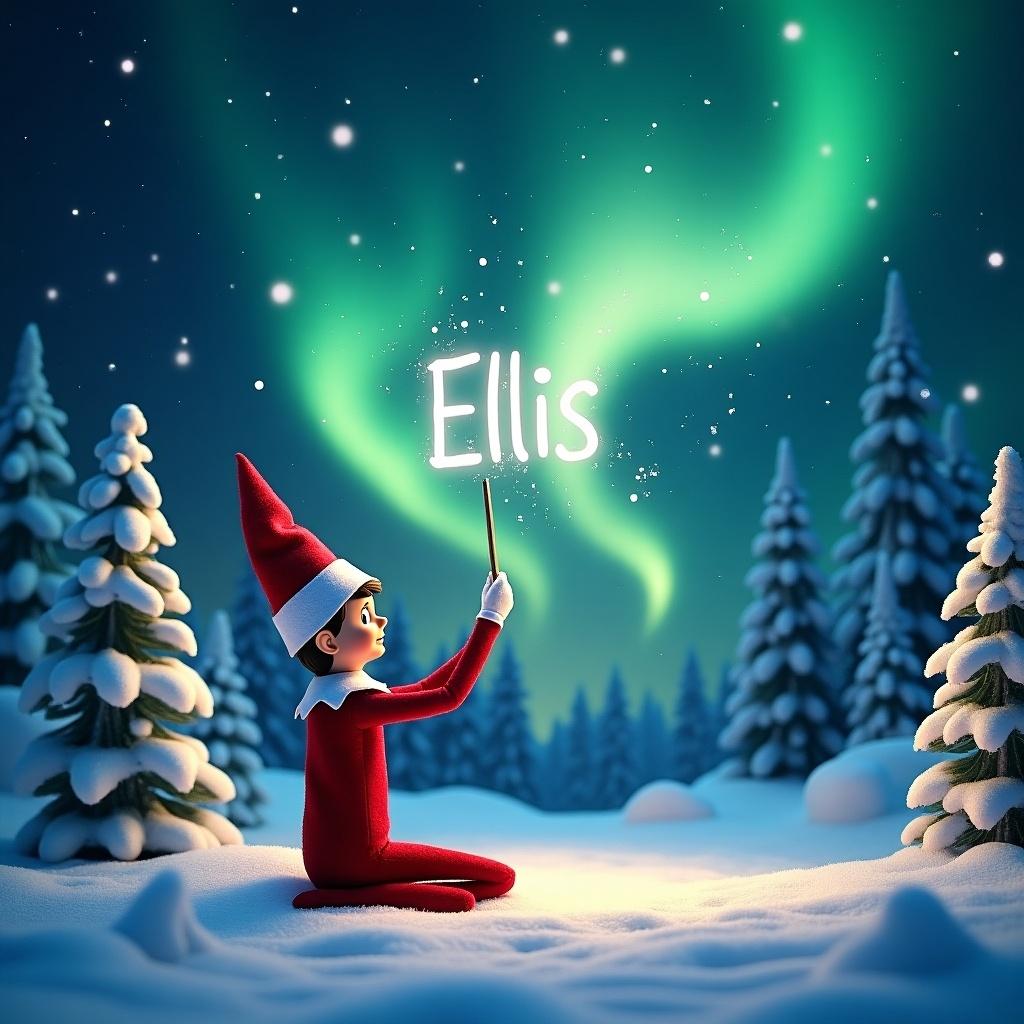 A whimsical scene featuring an Elf on the Shelf character kneeling in the snow. The elf is using a magic wand to write the name 'Ellis' in the air. Stunning northern lights illuminate the night sky with shades of green and blue. Snow-covered trees surround the elf, enhancing the winter wonderland atmosphere. The scene captures the essence of holiday magic and personalization, making it perfect for festive decor or children's stories.