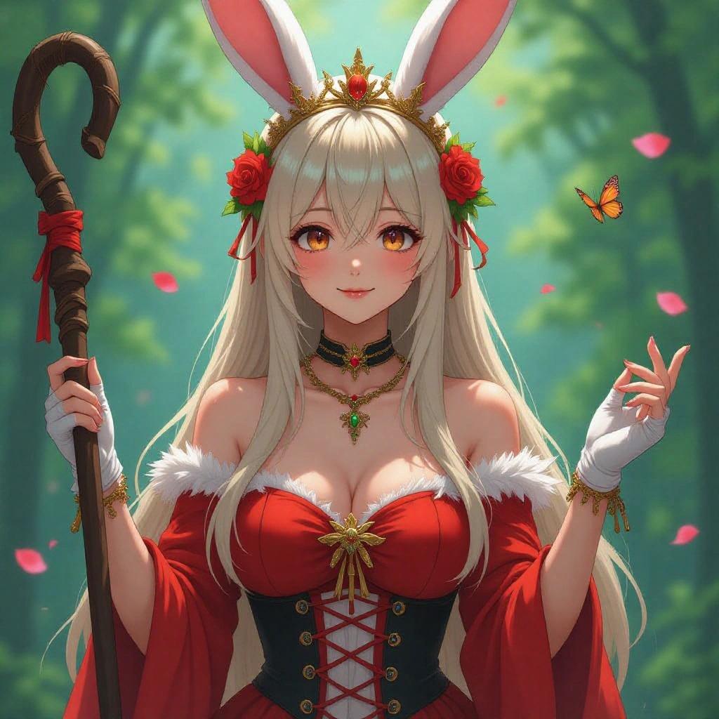 A girl with rabbit ears wearing a red dress stands in a forest. She has long blonde hair and orange eyes. The girl is smiling and looking at the viewer. She wears a crown with flowers and holds a staff. Rose petals surround her. Very detailed and colorful.