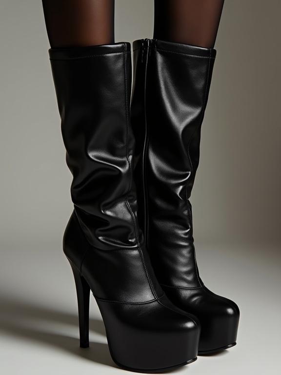 Image of black high heeled platform boots. Boots are tall and have a sleek design. Material appears to be silk or a similar texture. Focus on the legs wearing the boots in an elegant pose.