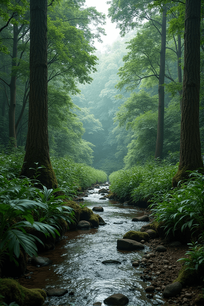 A serene stream flows through a lush, green forest, bordered by rocks and dense foliage, under towering trees and a misty canopy.