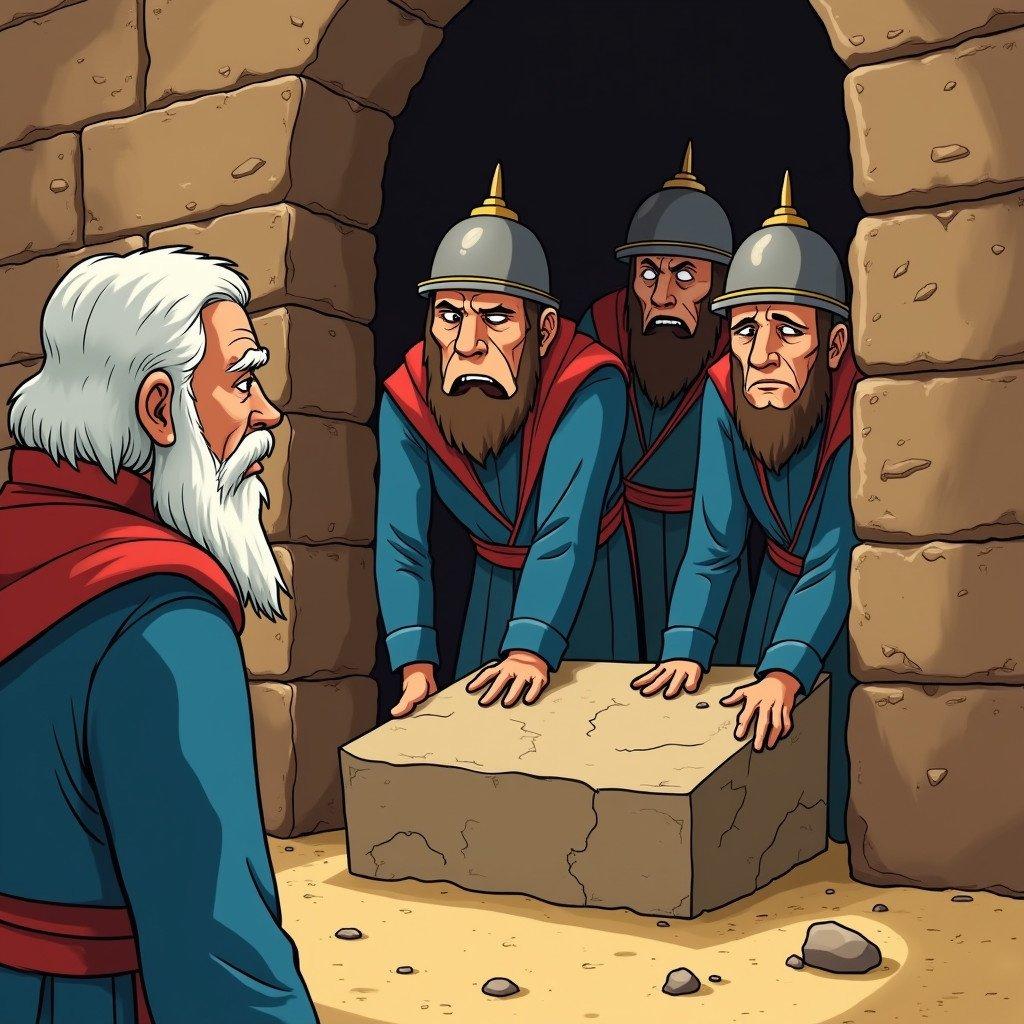 Ancient Babylon cartoon scene. Soldiers in uniform with exaggerated expressions push a large stone. Daniel is in blue clothes near the lion's den. His expression is sad. Soldiers look serious in a shadowy background.