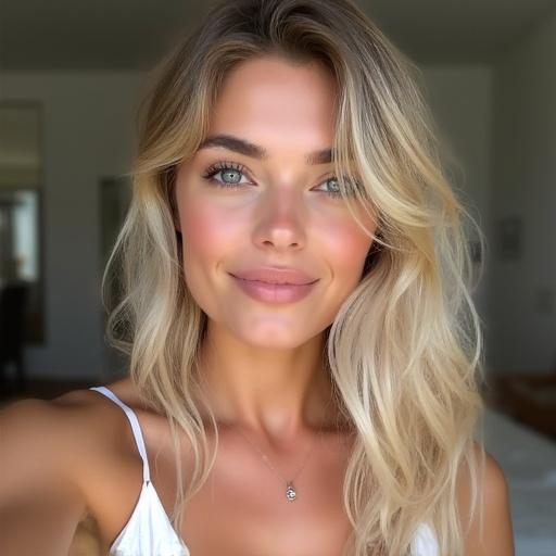 Selfie of a young woman with blonde hair. She has a radiant smile. Wearing a white tank top with spaghetti straps. Natural lighting highlights her features.
