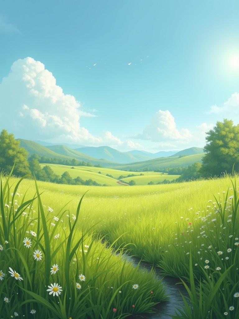 A peaceful grassland scene with lush green grass and wildflowers under a bright blue sky. The sun shines over distant mountains. A small pathway weaves through the grass leading to the horizon.