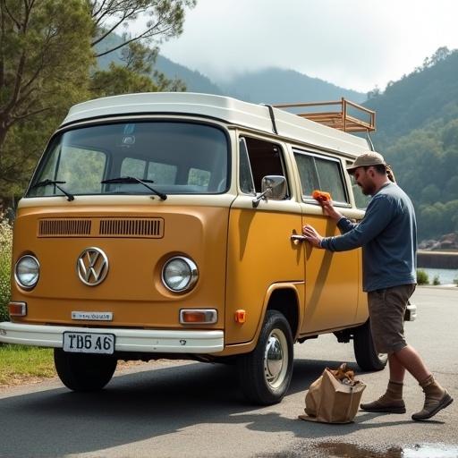 Young lad with a hat and dad with a cap waxing tan Volkswagen van at hydro electric dam. Dad waxing front, lad waxes drivers side door. Cat pulls rag from paper bag on road.