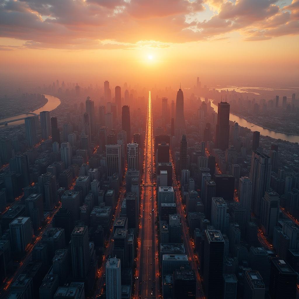 Birdseye view of a large city during sunset. Hyperrealistic professional photograph showcasing a vibrant skyline and illuminated highway.