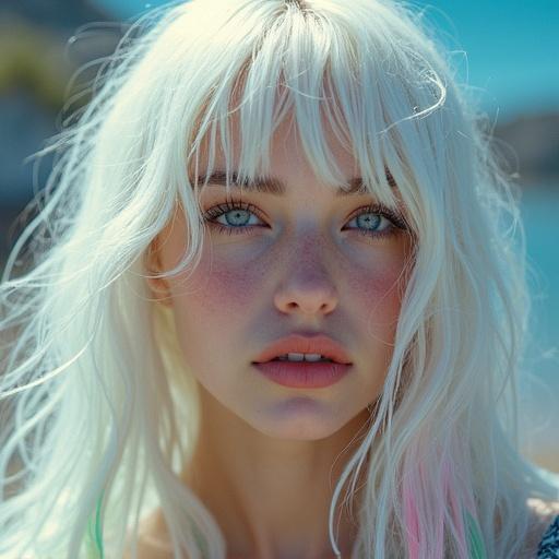 Beautiful woman with white hair colorful vibrant color flowing and dripping from top to bottom around her