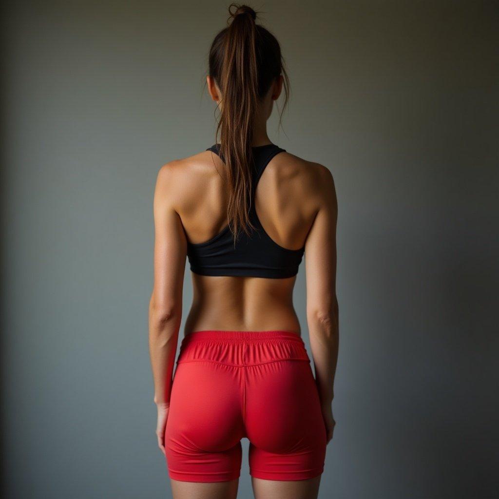 Woman's back view showing toned physique. Hair is in a ponytail. Wearing a black crop top and red gym shorts. Focus on athletic build with visible abs.