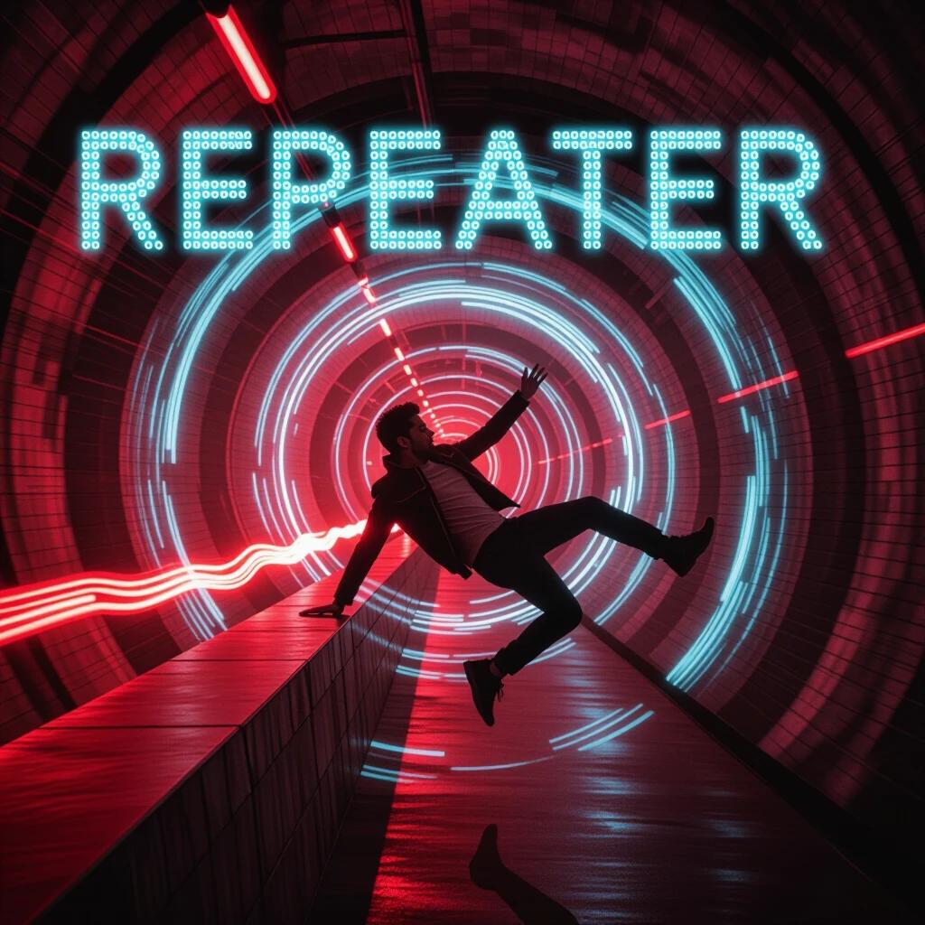 Digital LED-style title REPEATER appears in a spiral pattern. Dev Patel is shown flipping backward over a ledge. The scene features a red tunnel with dynamic lighting and motion blur effects.