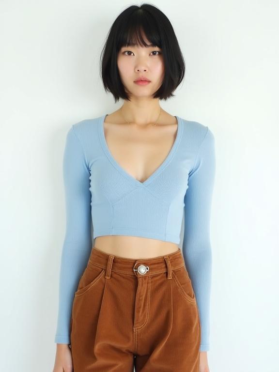 The image features a person standing against a white background. The individual has short dark hair with a fringe. They are wearing a light blue long-sleeved crop top and high-waisted brown pants with a silver buckle. The pose is upright, and the expression is calm. The overall look is stylish and confident.