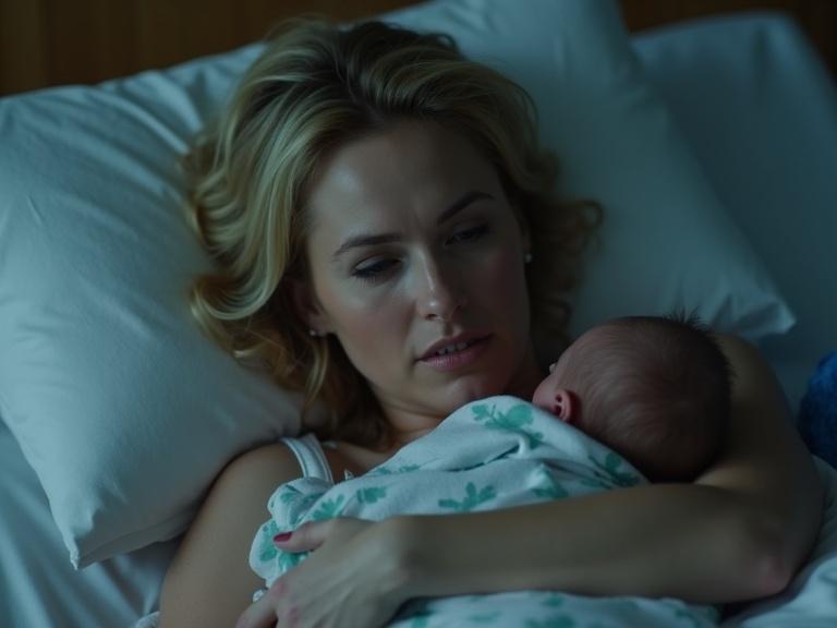 A tired mother hugs her newborn in a hospital bed. The room is clean and modern. The lights are low, creating a soft atmosphere. Mother has blonde hair and looks weary.
