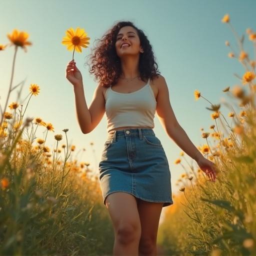 Woman with dark hair holds sunflower. She wears a tank top and jean skirt. The setting is a field full of sunflowers. Sunlight creates a warm atmosphere. The scene conveys a sense of joy and connection with nature.