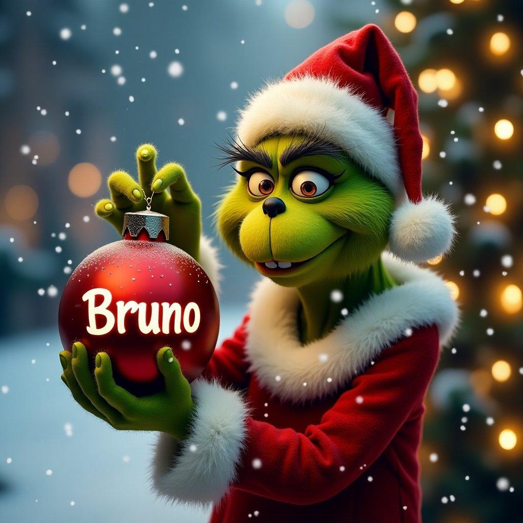 Grinch character in a red Santa outfit holds a Christmas ornament labeled 'Bruno'. Snow falls in the background adorned with bright Christmas lights. The atmosphere is joyful and festive.