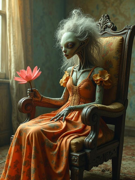 A charismatic extraterrestrial with gray hair in a tattered orange dress sits in a worn rocking chair. She holds a lotus flower. The scene is bathed in a warm golden glow, blending rustic and futuristic styles.