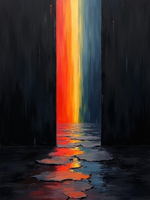 Digital oil painting with a completely black background. Features harsh strokes and unfinished elements. The artwork displays a minimalist style with a hollowed floor revealing a black void. It shows vertical rays of color shooting through gaps with formless shifting voids. Shadows defined by layers of rain eroding the floor.