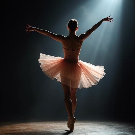 Ballet dancer performing in dramatic lighting. Dancer wearing soft pink tutu. The stage is dimly lit with a strong spotlight. The dancer poses elegantly, showcasing grace and poise.