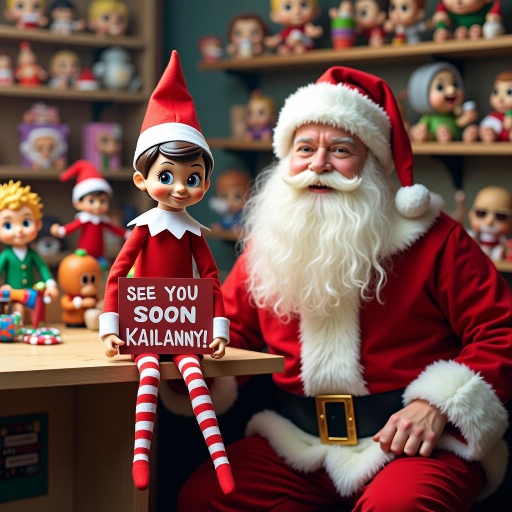 Elf on the Shelf holds a sign in Christmas workshop. Santa Claus sits beside the elf. Funko Pops are made in background. Bright and colorful holiday setting.