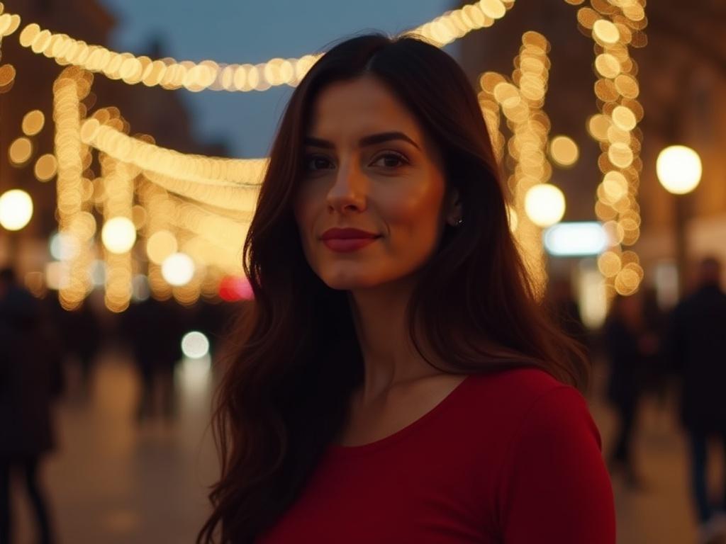 The subject is a woman with long dark hair, wearing a red top, standing in a festive evening setting with twinkling lights and decorated trees in the background. She is positioned slightly off-center, showcasing the bright atmosphere of the street filled with holiday decorations. The lighting is warm and soft, creating a cozy and celebratory mood.