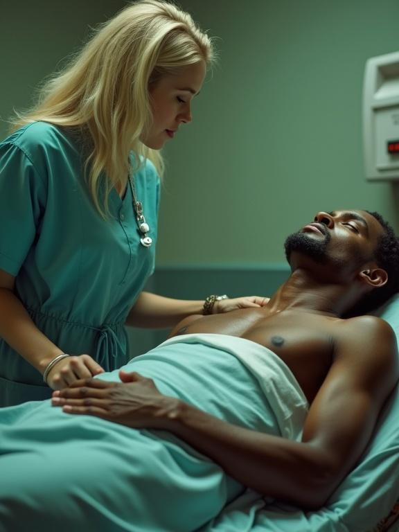 Nurse in scrubs attends to a shirtless male patient in a medical setting. The scene conveys care and professionalism with a calm interaction.