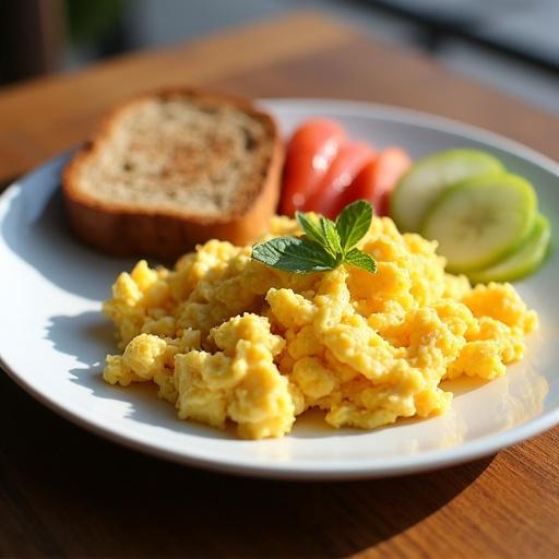 Healthy breakfast plate features scrambled eggs whole grain toast sliced fruit served on a wooden table natural light clean simple presentation