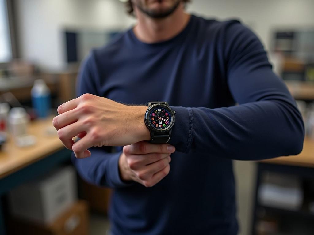 A person is standing in a well-lit room with various items in the background, such as bottles and a box. They are wearing a navy blue long-sleeve top and showcasing a digital watch on their left wrist. The watch face displays colorful icons and numbers, indicating it is a smart device. The person’s grip is firm as they show the watch, likely highlighting its features. The room appears to be a workshop or utility area, suggesting an active lifestyle.