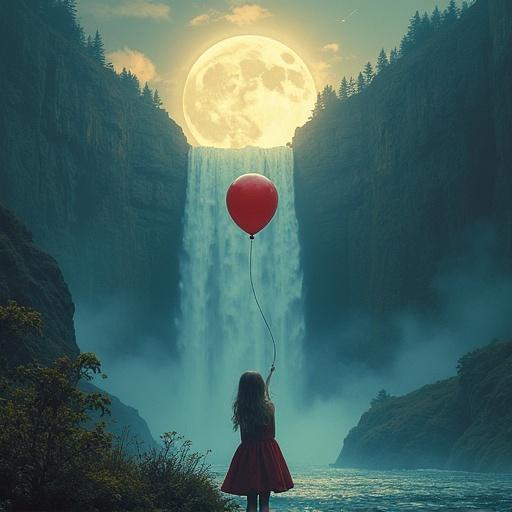 A girl stands holding a red balloon gazing at a waterfall cascading from the moon. The setting features vibrant deep colors and a magical, otherworldly atmosphere.