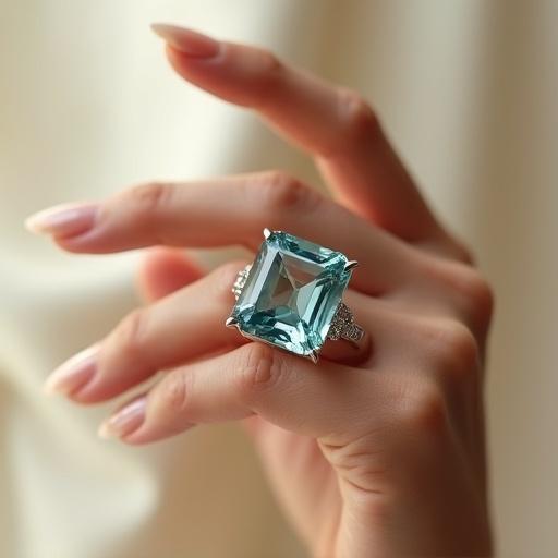 Photorealistic image of a female hand wearing an emerald-cut aquamarine ring in 18k white gold. The aquamarine shows teal-blue color and clarity. The hand is positioned at a 45-degree angle with soft studio lighting and a blurred background in ivory and champagne colors. Ultra sharp focus on the ring with luxurious aesthetic.