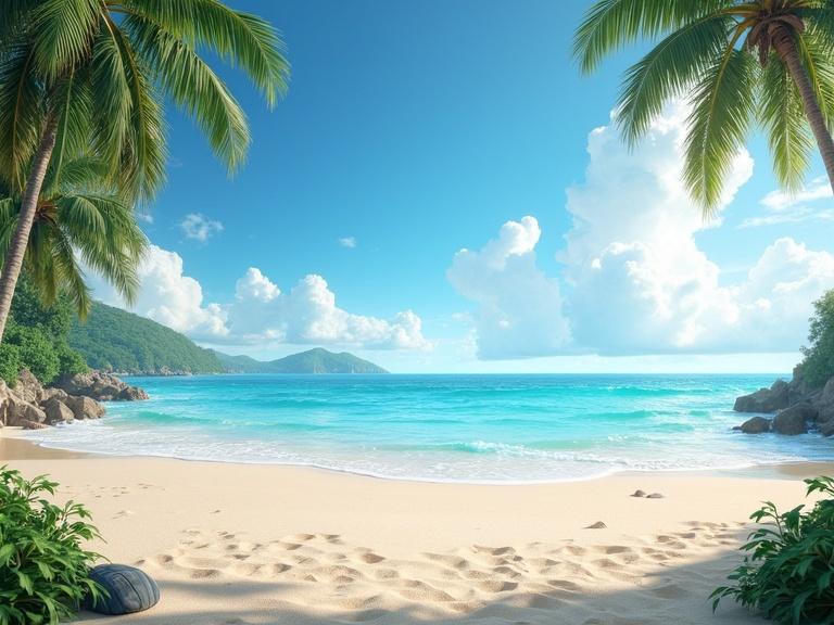 Create a detailed beach scene featuring palm trees, clear turquoise waters, white clouds, and a sandy shore. Scene is bright and inviting, suitable for a large mural presentation.