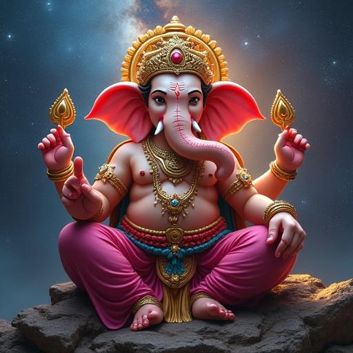 Colorful depiction of Lord Ganesha seated in a meditative pose against a cosmic galaxy background.