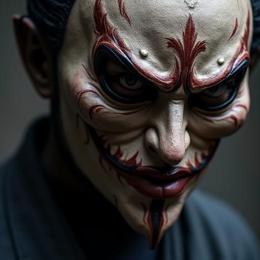 Closeup shot highlighting a Japanese man wearing a Shinigami mask. Intense gaze and dramatic features. Rich details in mask design against a dark background.