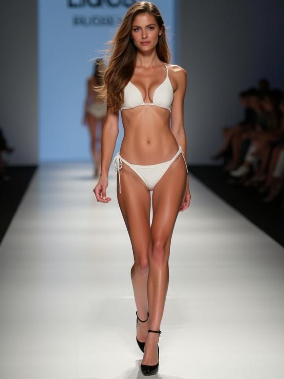 A stunning skinny female model walks down the catwalk. She has light brown hair styled beautifully. The model is wearing a modern white thong bikini and black high heels. Bright lights illuminate the runway as she showcases the swimwear. The setting is a fashion show with an audience in the background.