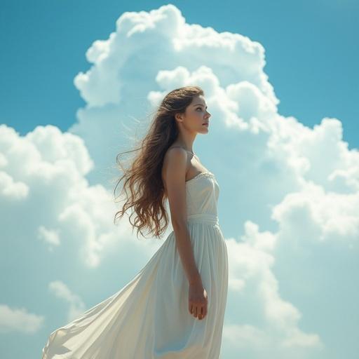 Beautiful woman stands beneath midsummer sky adorned with clouds. She wears royal-style white dress with high waistline and bare shoulders. Fabric flows in breeze while her skin glows in summer sunlight. Long hair dances in wind against blue sky and monumental clouds. Magical particles enhance serene aura with cinematic precision.