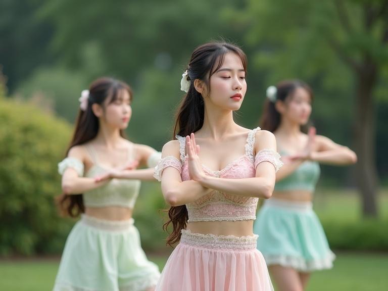 Full body shot of three young Chinese ladies adorned in pastel-colored outfits. They are stretching outdoors in a garden setting. Each ensemble features delicate lace with a sweetheart neckline and off-the-shoulder design. The outfits include shades of pink, cream, and mint green. Long hair is neatly styled. Soft natural light highlights the details of the lace. The background includes greenery, bushes, and trees enhancing the tranquil atmosphere. The overall aesthetic is vintage and ethereal.