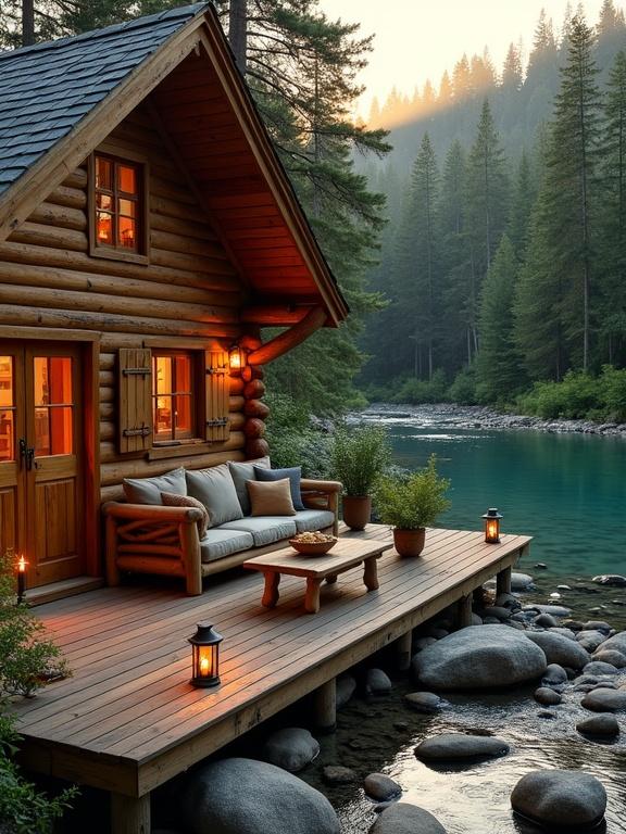 Cozy wooden cabin beside a serene lakeside. Surrounded by a lush forest during golden hour. Features rustic log construction with elegant porch furniture. Warm lighting from candles and lanterns creates a tranquil atmosphere. Perfect for relaxation and nature immersion.
