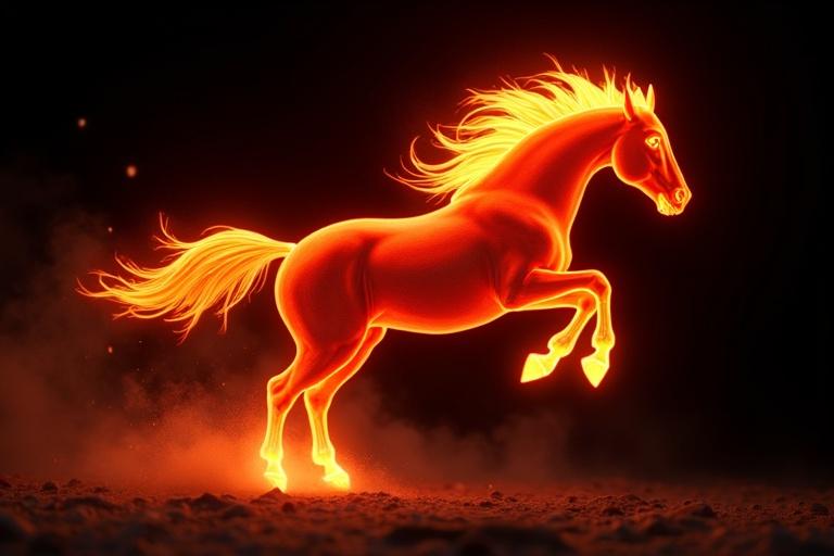 Isolated on a black background. A red fiery horse jumping. The horse appears engulfed in flames.