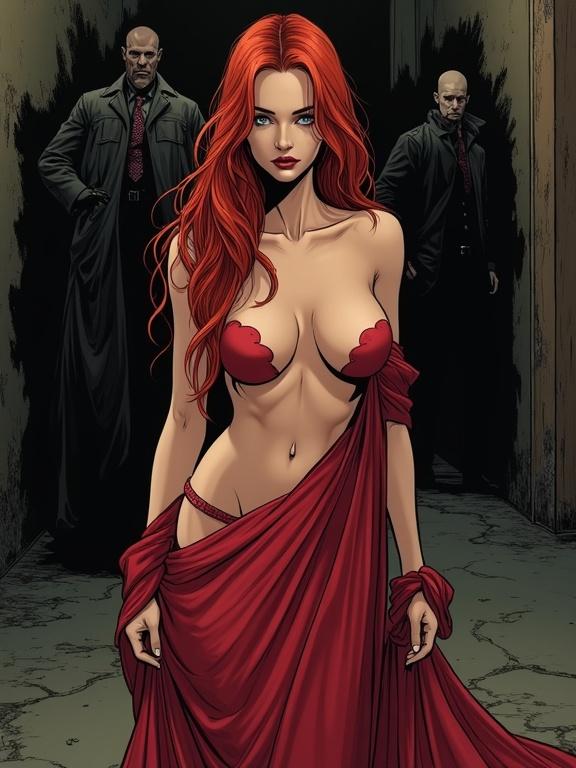 Female figure in comic book style. Long red hair. Draped in a red cloth across midriff. Expression calm and serious. Athletic build. Background shows shadowed figures. Dark interior space. Bold comic style with distinct shading.