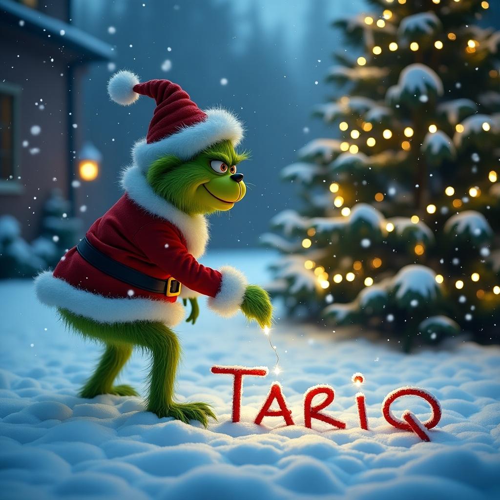 Grinch writing the name TARIQ in snow. Snowy landscape with Christmas trees and twinkling lights.