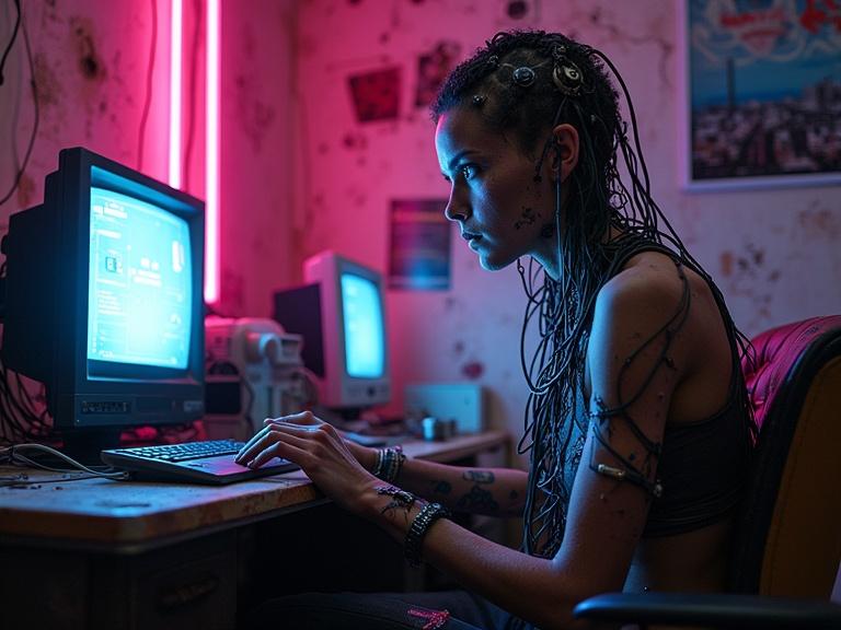 A human subject with cybernetic modifications is working at a computer. Wires and cables are visible on the figure and the environment. The room has vintage CRT monitors and scattered tech items. The lighting is low key with neon pink and blue elements. The figure shows a world-weary expression while surrounded by darkness.