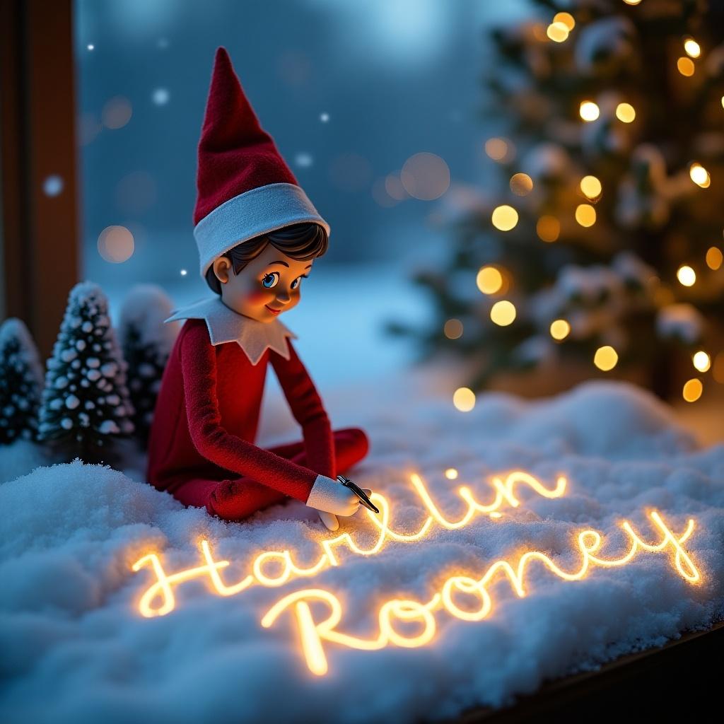 Elf on the shelf writes in snow using magic lights. Names are written in cursive. Scene is festive with holiday decorations. Soft glow enhances the winter ambiance.