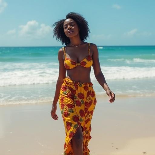 A beautiful African lady wearing a bikini and a colorful skirt walking on the beach with a sunny sky and ocean in the background.