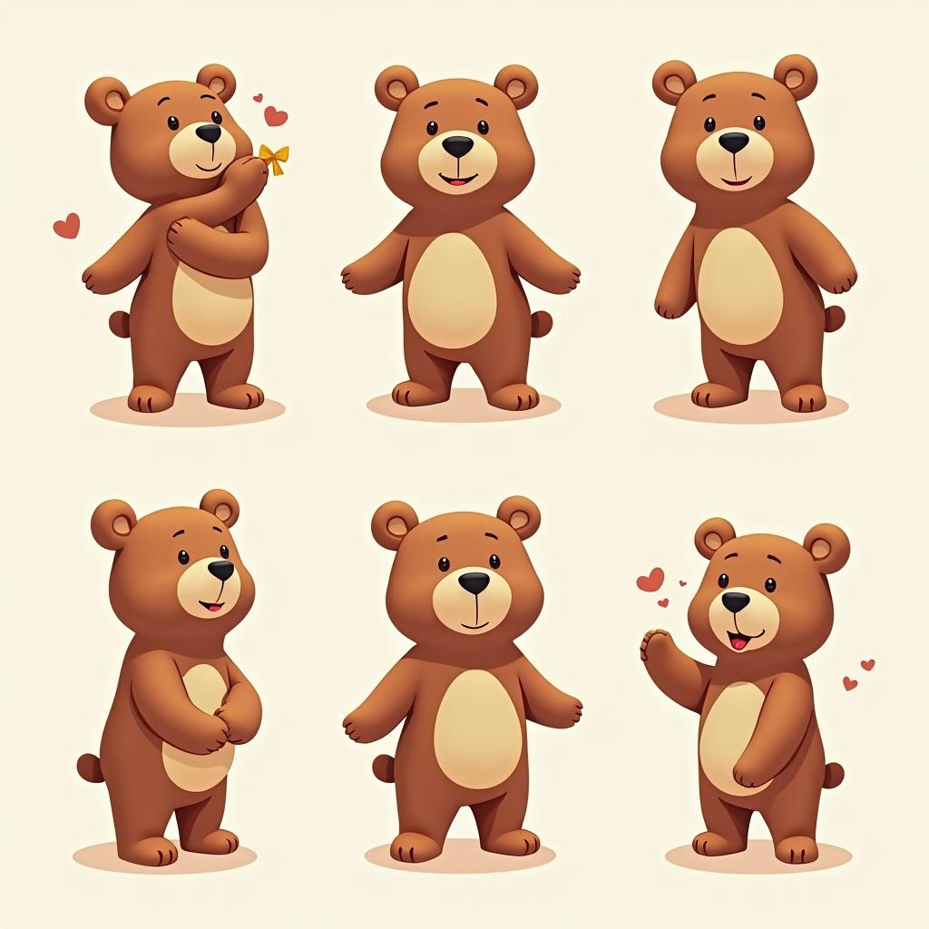 A series of cartoon bears in multiple poses. Each bear has a brown color with lighter tan belly. The bears show different expressions and activities.