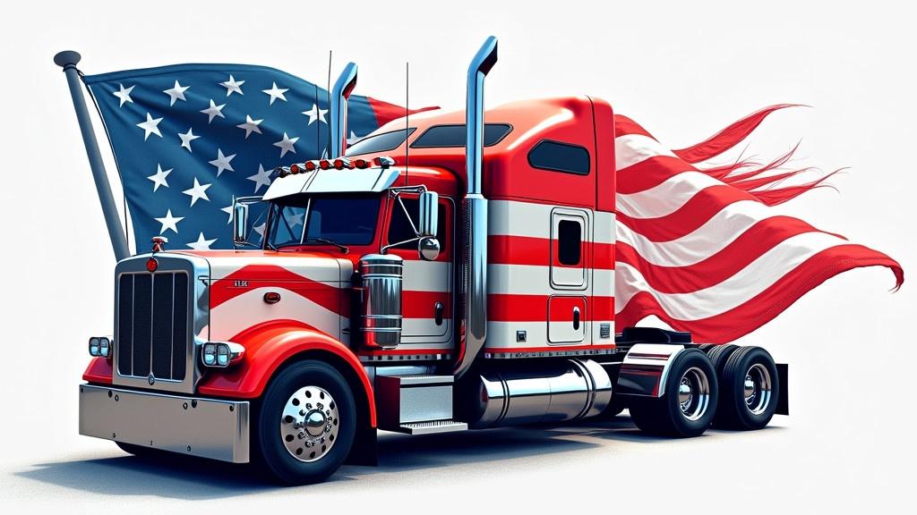 High angle perspective. American flag artistically integrated with truck graphics. Stripes flow into semi-truck outlines. Stars woven into truck design. Color palette of red, white, and blue. Focus on clarity and balance.