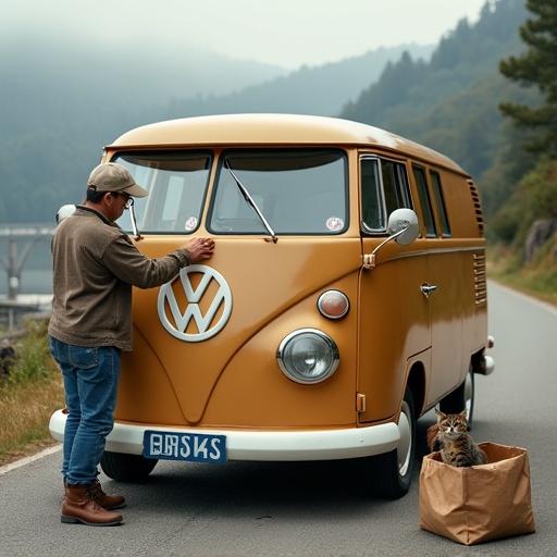 A young lad and his dad are waxing a tan Volkswagen van at a hydroelectric dam. Dad is focused on the front while the lad works on the driver side door. A cat is curiously looking into a paper bag near the van on the road.