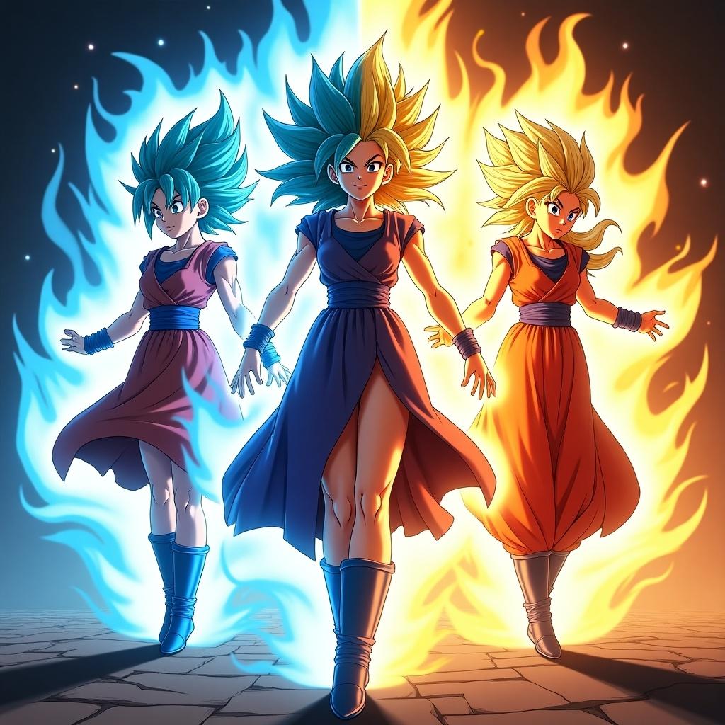 Image features three female characters performing fusion dance. Distinct hair colors and outfits showcase powerful energy. Bright dual colors of blue and orange illuminate the scene.