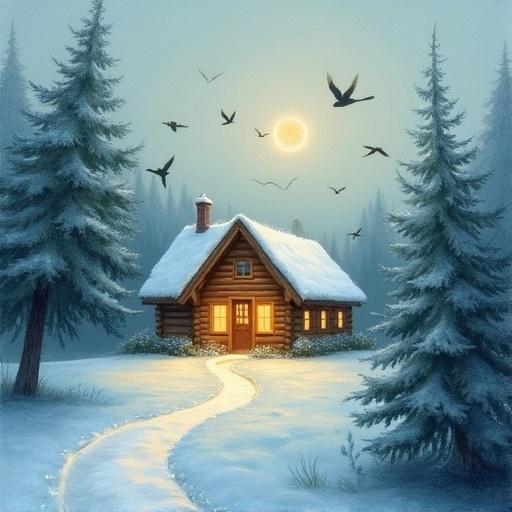 Small cabin surrounded by snow-covered trees. Birds flying towards the glowing roof. Scene evokes a calming atmosphere. Path curving through snow directs focus to cabin.