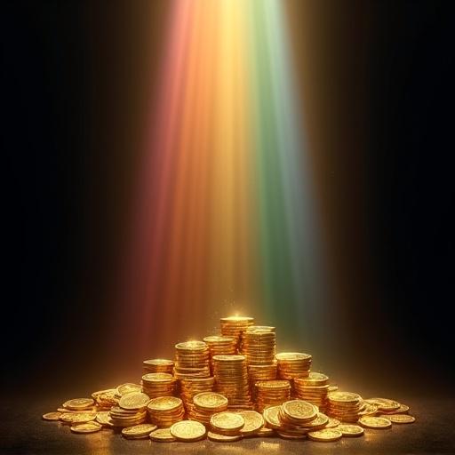 Black background with rays of seven colors shining down. Pile of shimmering gold coins on the ground. Banknotes falling from above. Represents luck, happiness, wealth, and peace.
