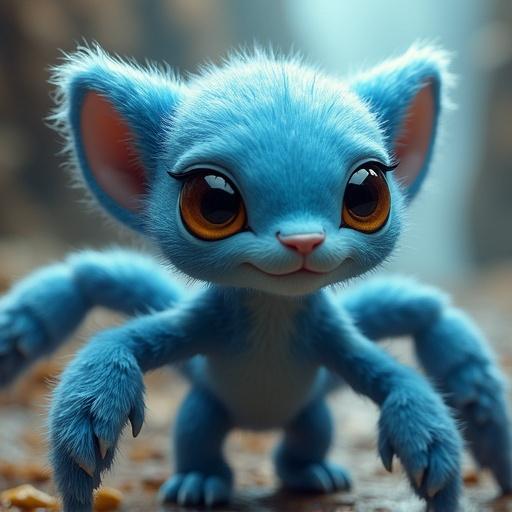 A cute, furry, blue creature with six arms and big brown eyes, posing and looking at the viewer. Sci-fi spaceship scenery in the background with a blurred fantasy setting.